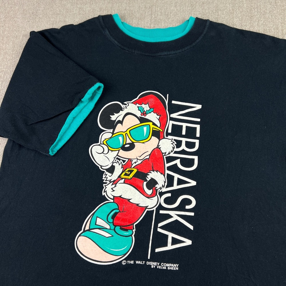 Vintage Velva Sheen Mickey Mouse T-Shirt Mens L Black 90s Nebraska Christmas